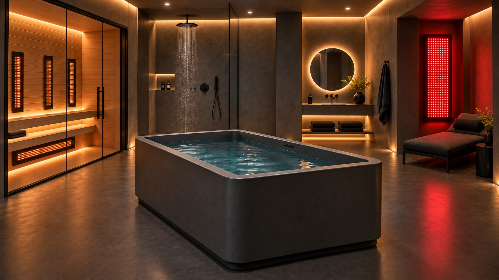 Jednoduchý volně stojící cold plunge ve společné Recovery místnosti